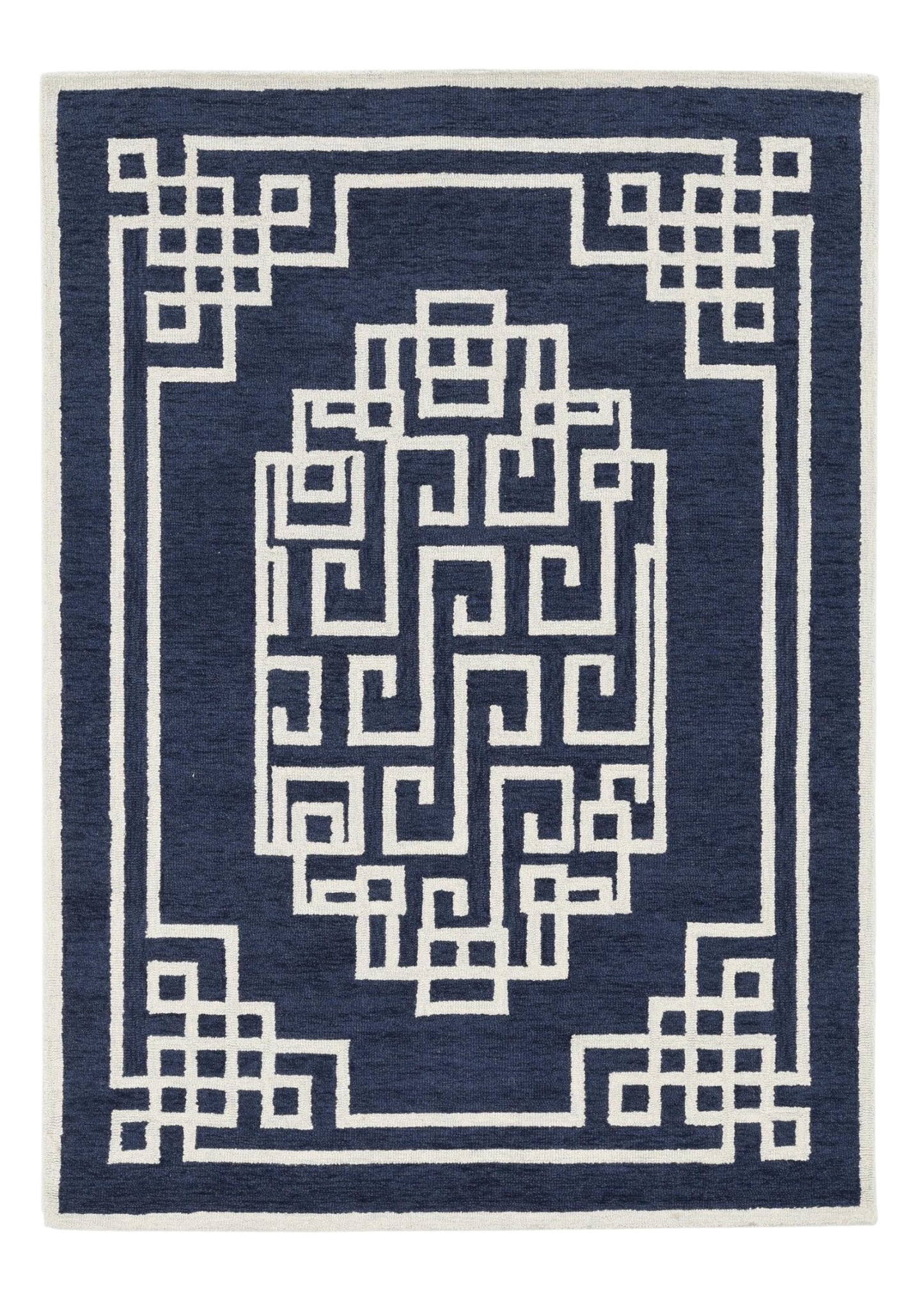 9' X 12' Navy Blue And Ivory Wool Geometric Hand Tufted Area Rug
