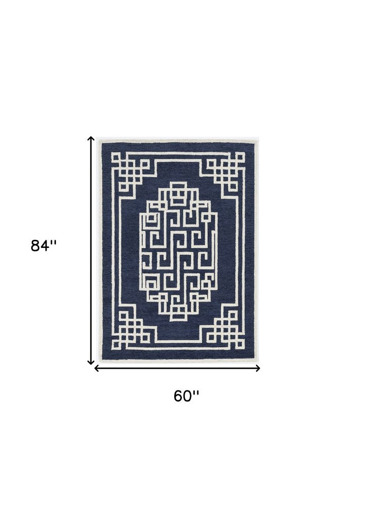 9' X 12' Navy Blue And Ivory Wool Geometric Hand Tufted Area Rug
