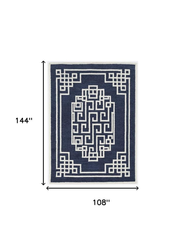 9' X 12' Navy Blue And Ivory Wool Geometric Hand Tufted Area Rug
