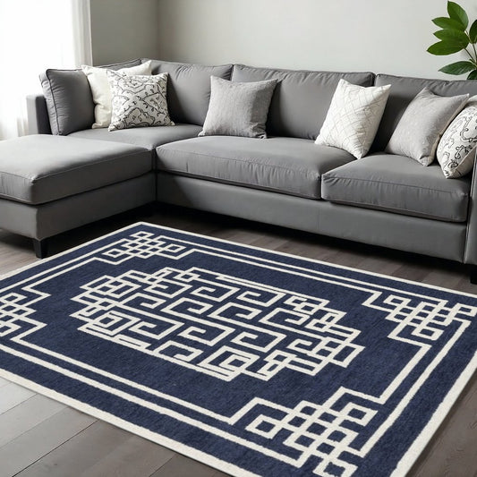 9' X 12' Navy Blue And Ivory Wool Geometric Hand Tufted Area Rug