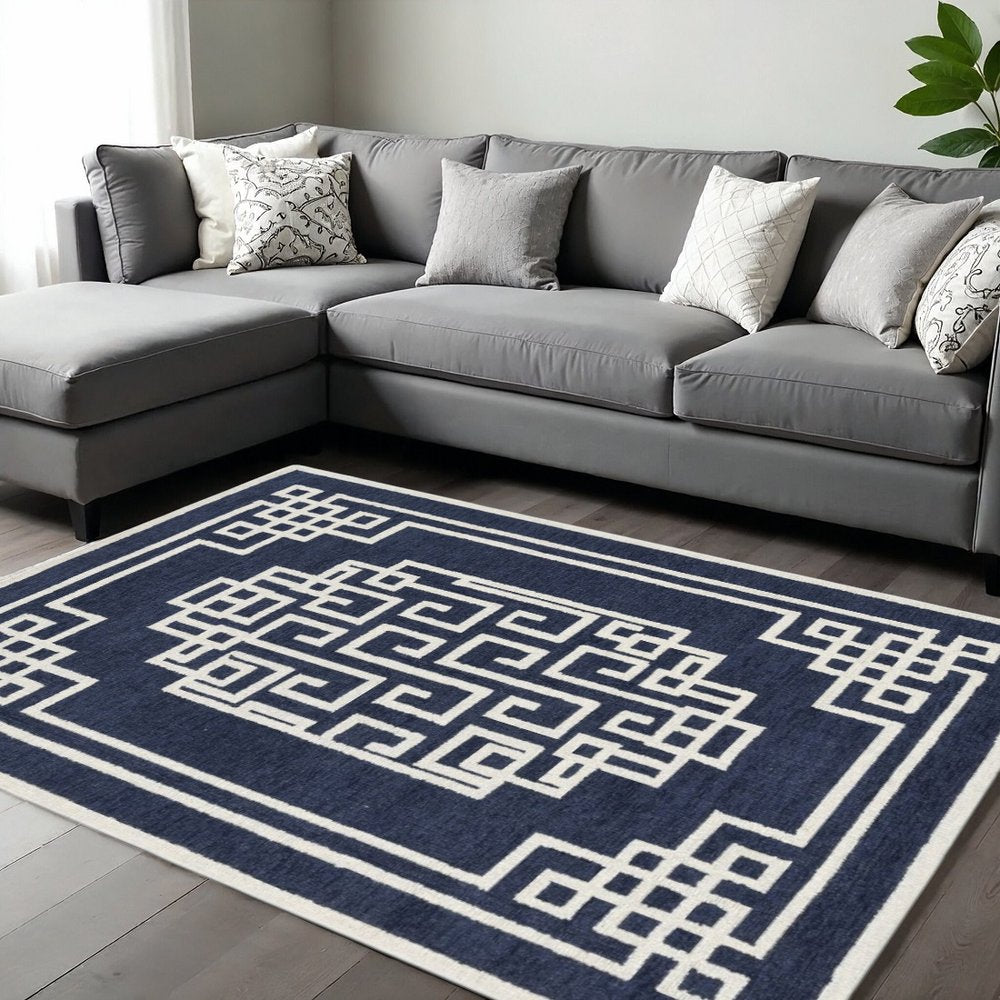 9' X 12' Navy Blue And Ivory Wool Geometric Hand Tufted Area Rug