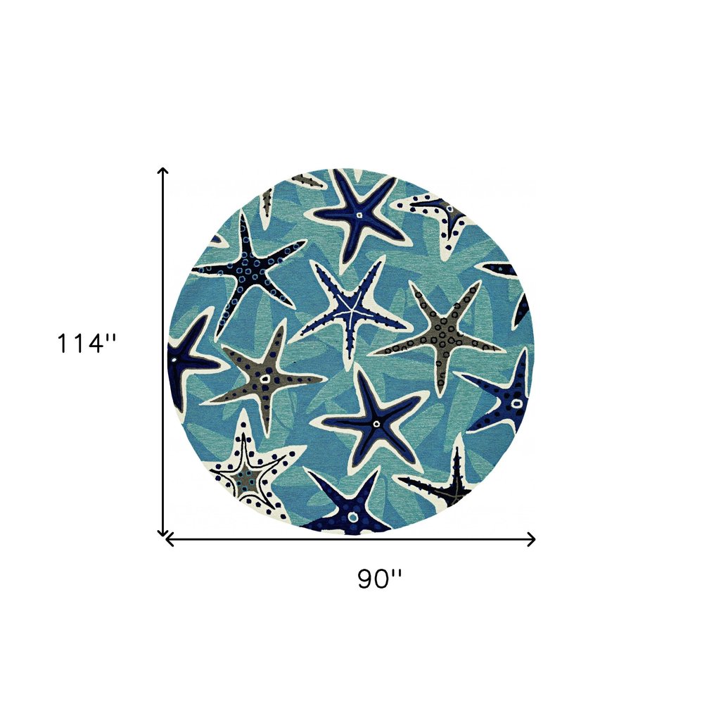 8' X 10' Navy Blue And Aqua Starfish Hand Tufted Area Rug