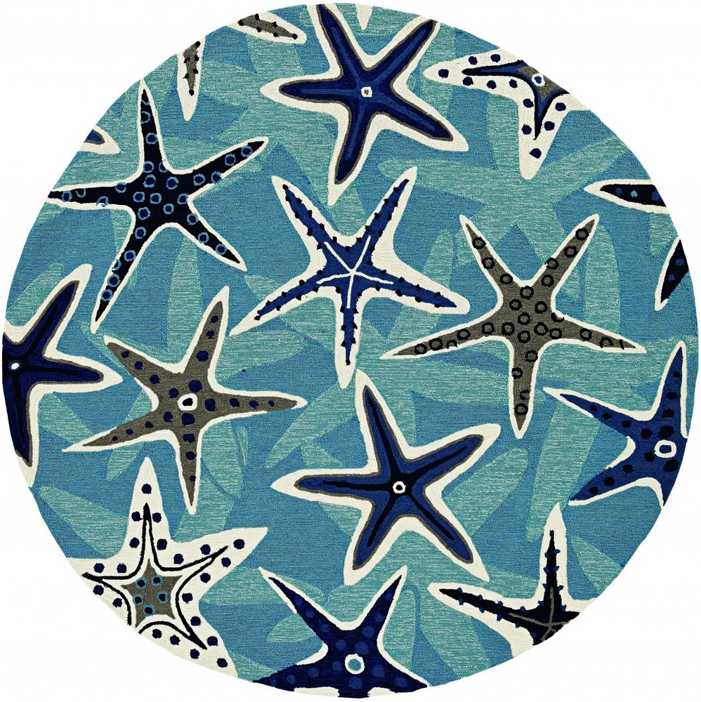 8' X 10' Navy Blue And Aqua Starfish Hand Tufted Area Rug