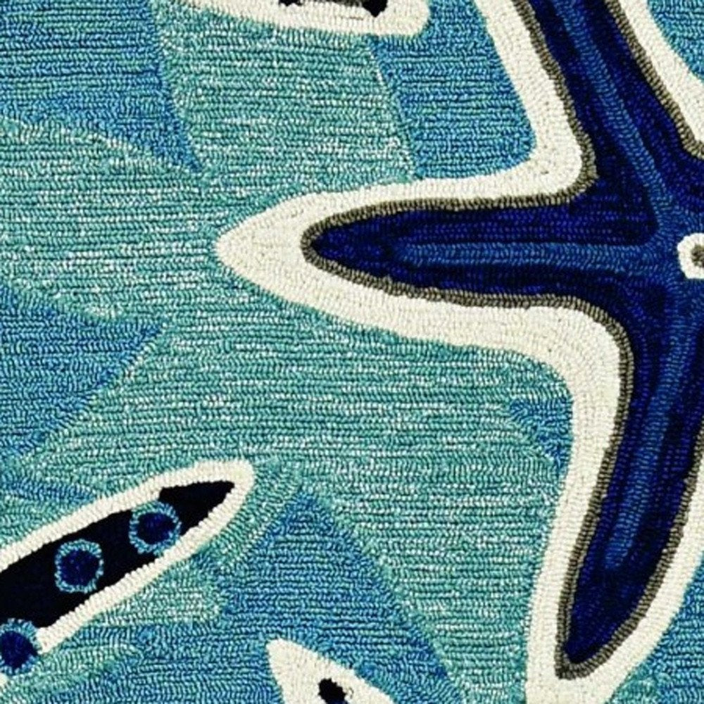 8' X 10' Navy Blue And Aqua Starfish Hand Tufted Area Rug