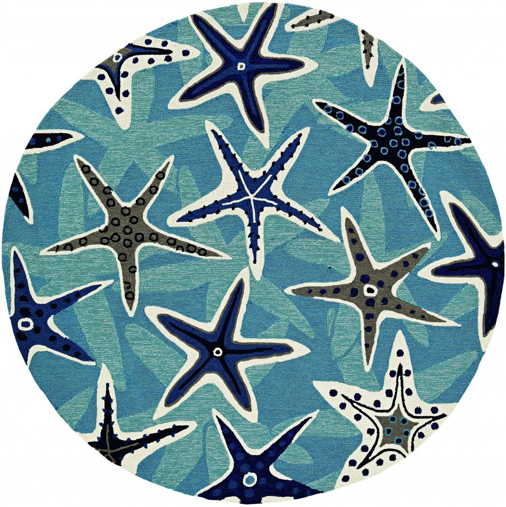 8' X 10' Navy Blue And Aqua Starfish Hand Tufted Area Rug