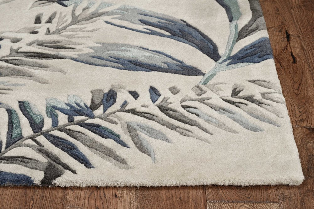 5' X 8' Blue and Gray Wool Botanical Leaves Hand Tufted Area Rug