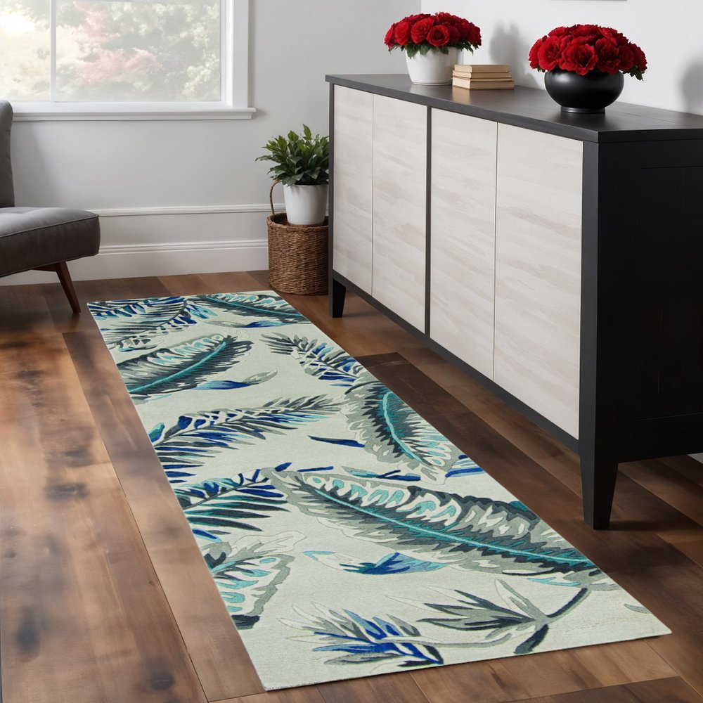 5' X 8' Blue and Gray Wool Botanical Leaves Hand Tufted Area Rug