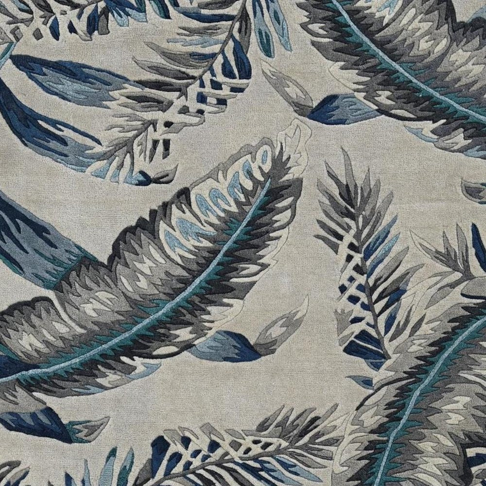 5' X 8' Blue and Gray Wool Botanical Leaves Hand Tufted Area Rug