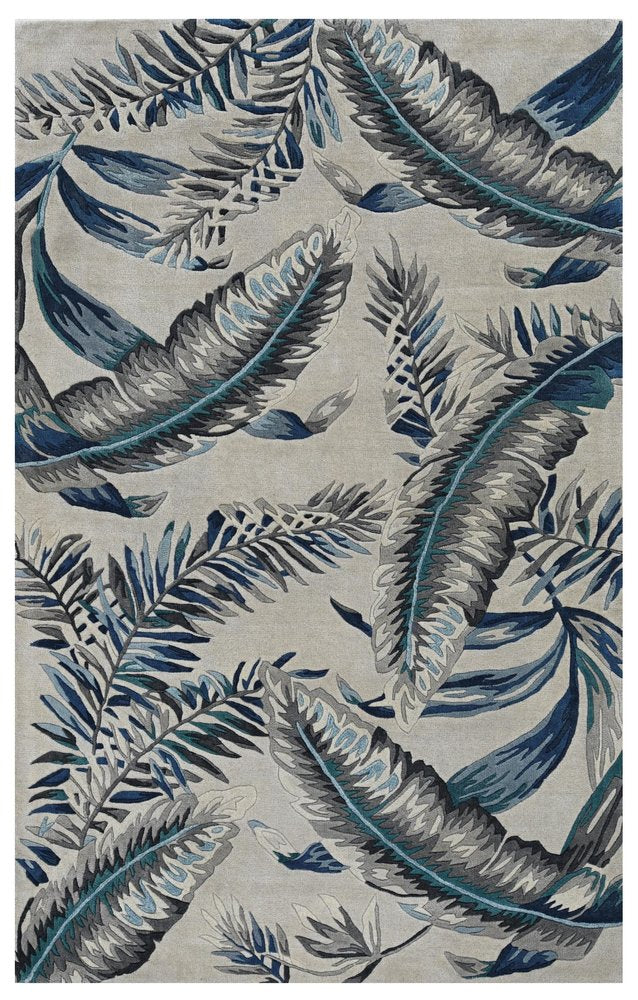 5' X 8' Blue and Gray Wool Botanical Leaves Hand Tufted Area Rug