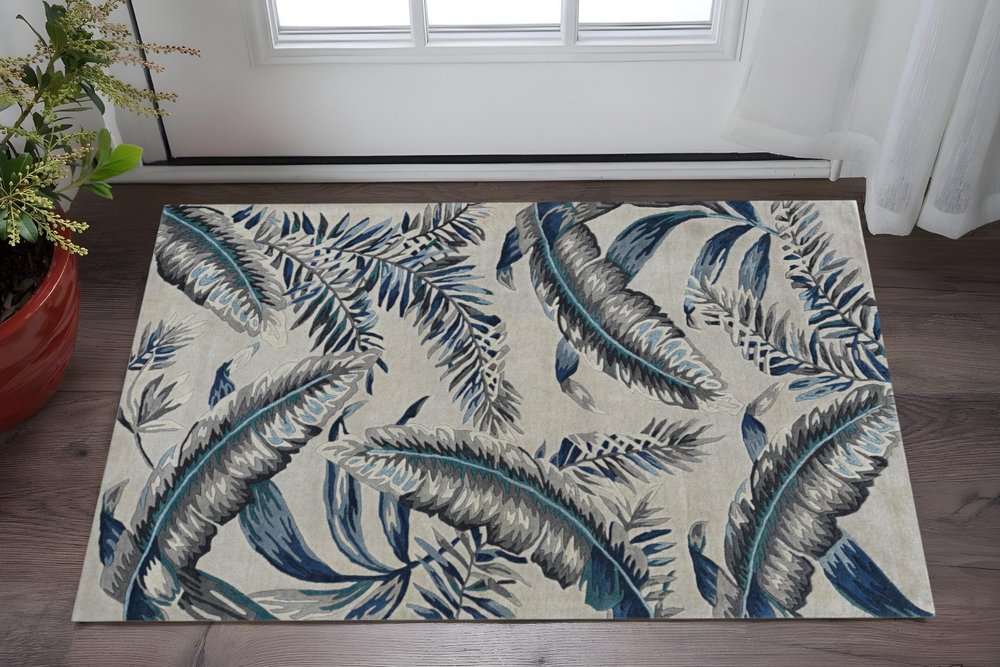 5' X 8' Blue and Gray Wool Botanical Leaves Hand Tufted Area Rug