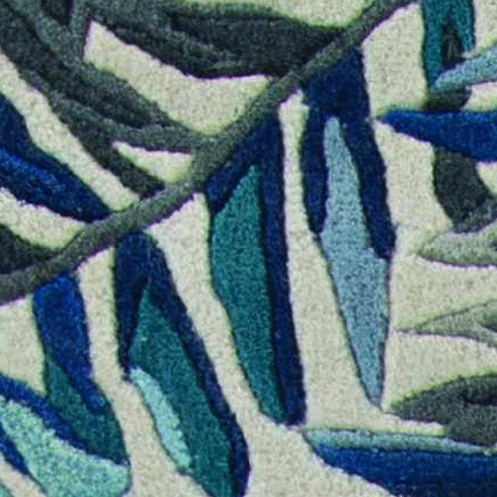 8' Grey Blue Hand Tufted Tropical Leaves Indoor Runner Rug