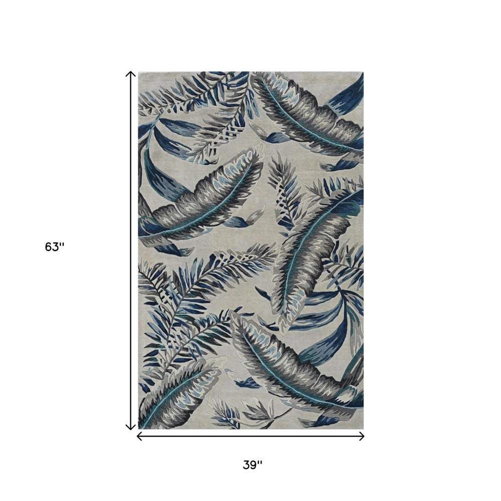 5' X 8' Blue and Gray Wool Botanical Leaves Hand Tufted Area Rug
