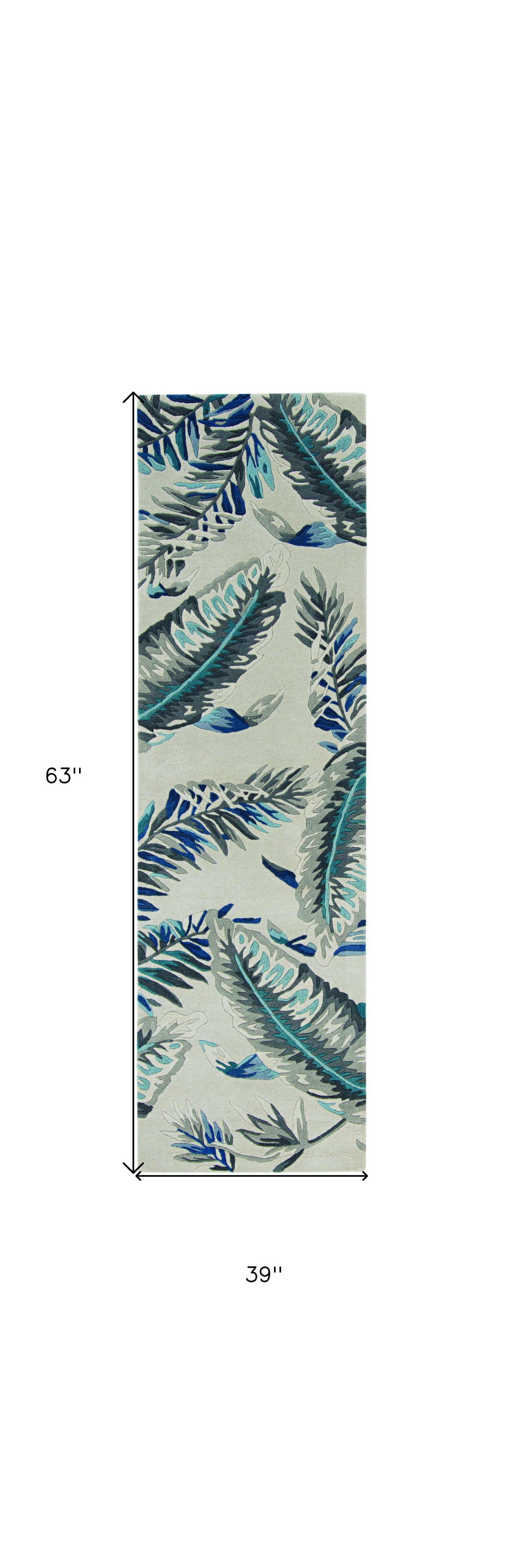 8' Grey Blue Hand Tufted Tropical Leaves Indoor Runner Rug