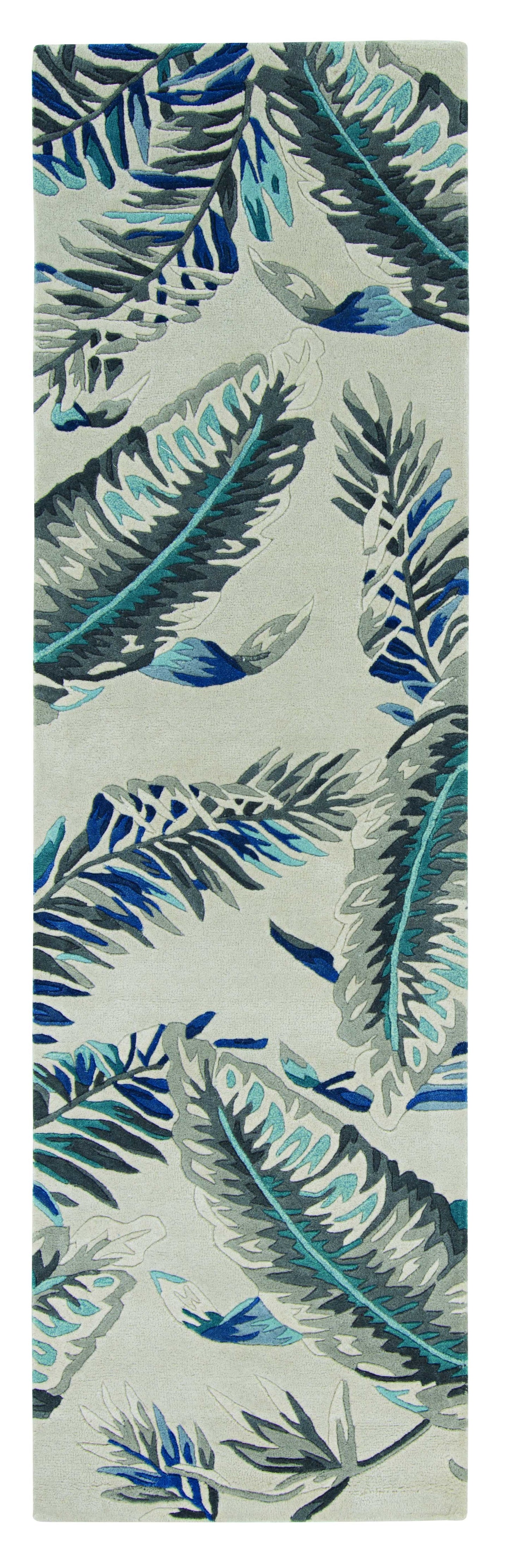 8' Grey Blue Hand Tufted Tropical Leaves Indoor Runner Rug