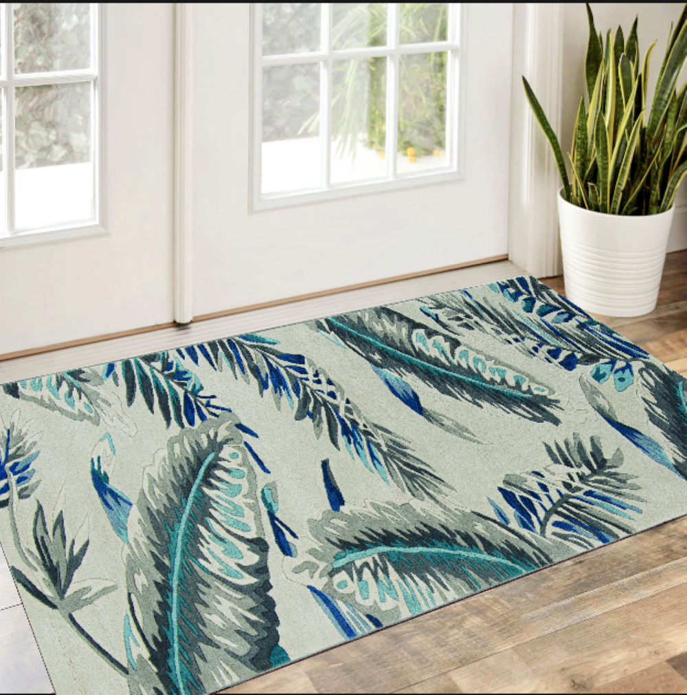 8' Grey Blue Hand Tufted Tropical Leaves Indoor Runner Rug
