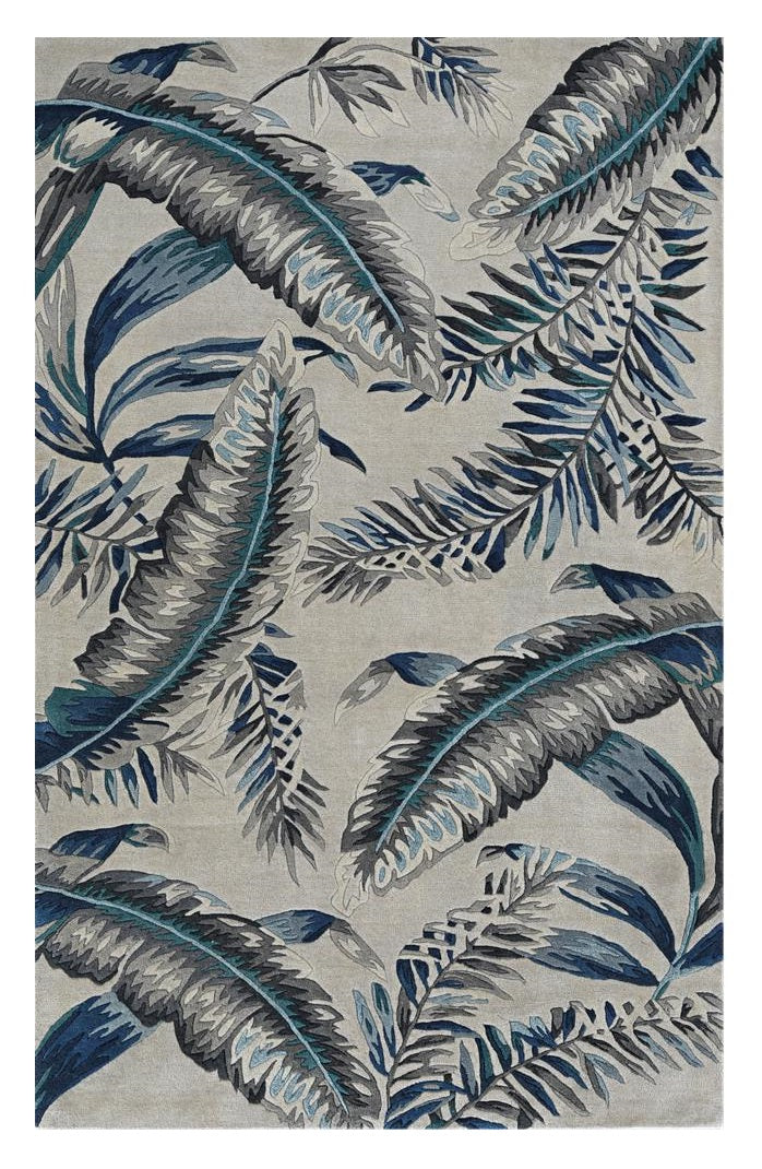 8' Grey Blue Hand Tufted Tropical Leaves Indoor Runner Rug