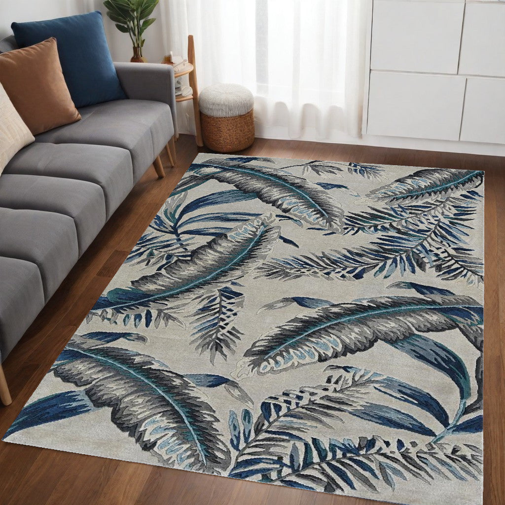 8' Grey Blue Hand Tufted Tropical Leaves Indoor Runner Rug