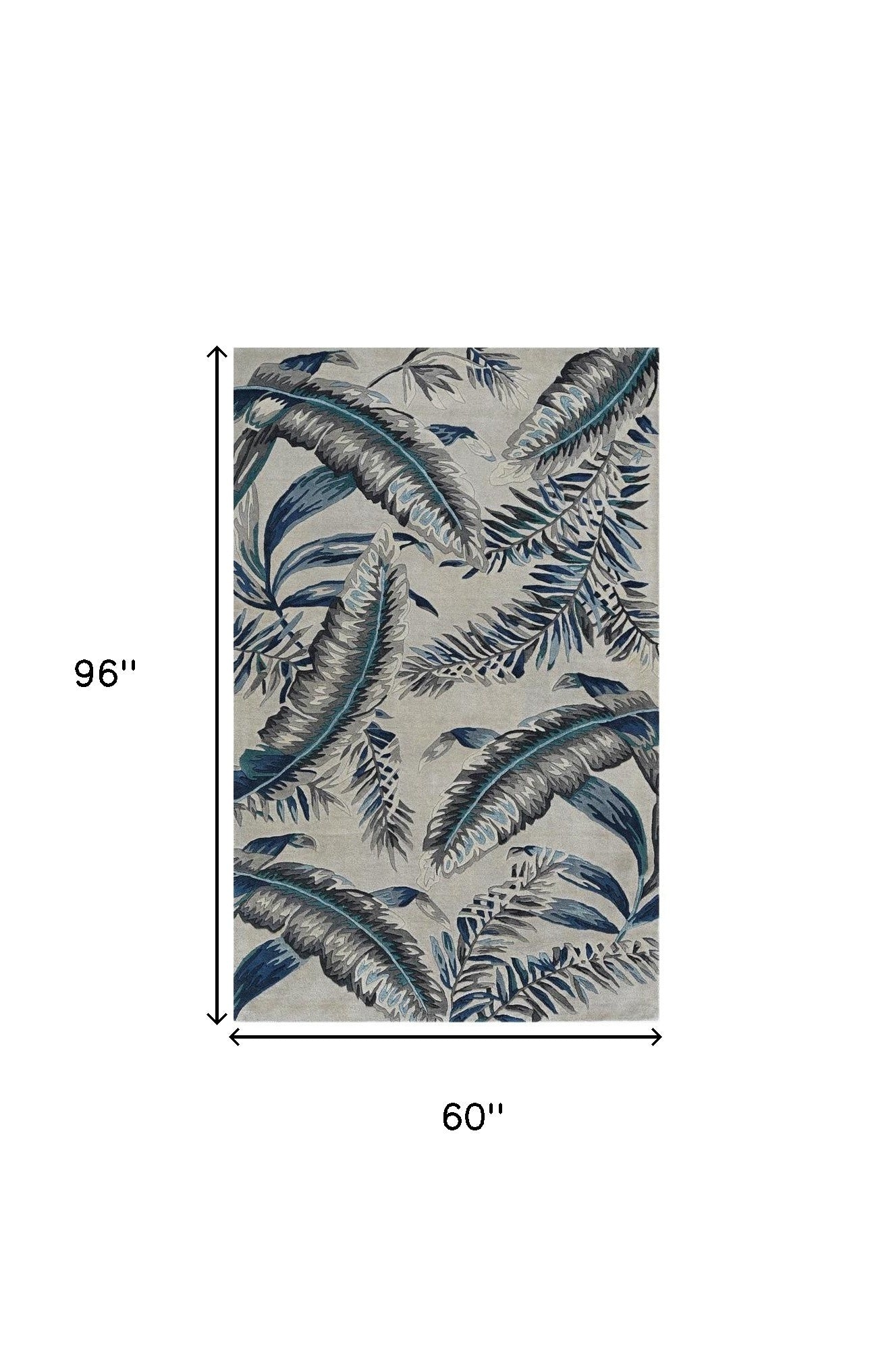 8' Grey Blue Hand Tufted Tropical Leaves Indoor Runner Rug