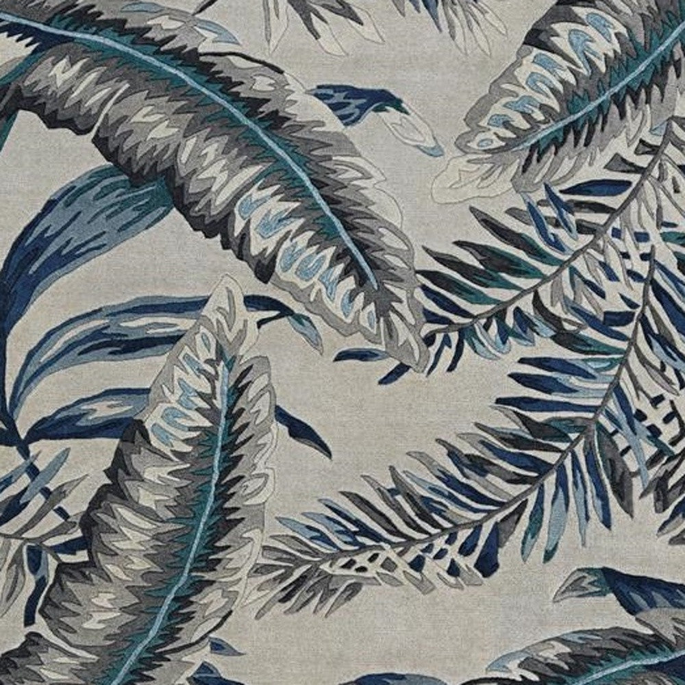 8' Grey Blue Hand Tufted Tropical Leaves Indoor Runner Rug