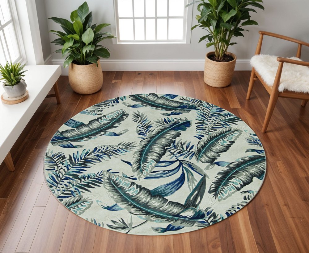 5' X 8' Blue and Gray Wool Botanical Leaves Hand Tufted Area Rug