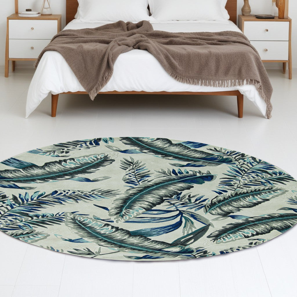 8' Grey Blue Hand Tufted Tropical Leaves Indoor Runner Rug