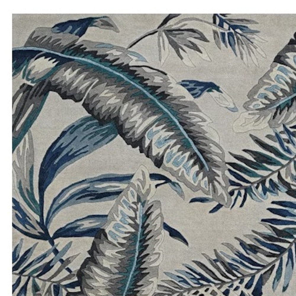 8' Grey Blue Hand Tufted Tropical Leaves Indoor Runner Rug