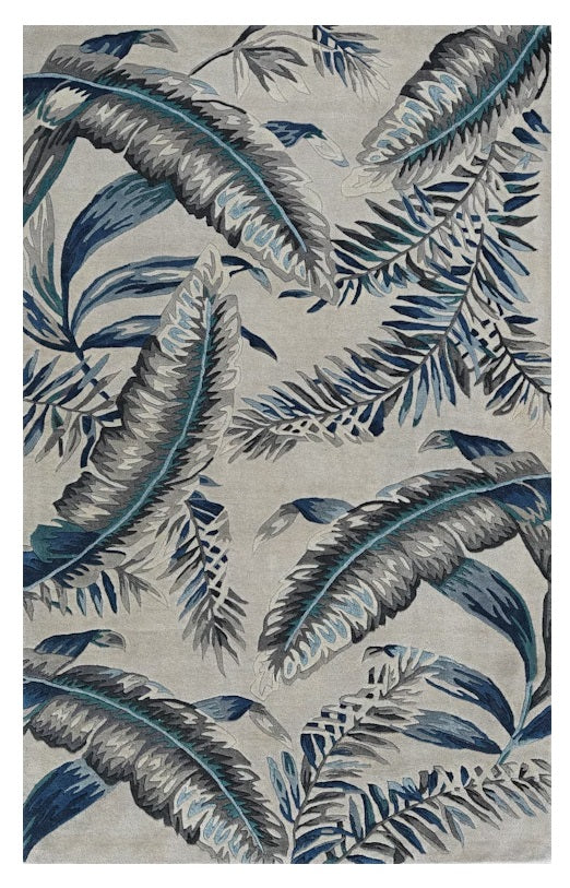 8' Grey Blue Hand Tufted Tropical Leaves Indoor Runner Rug