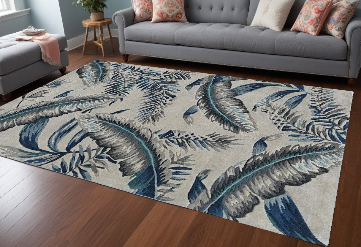 8' Grey Blue Hand Tufted Tropical Leaves Indoor Runner Rug