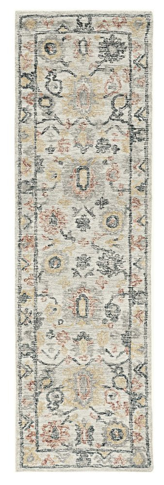 5' X 7' Ivory Gray And Red Wool Medallion Hand Tufted Distressed Area Rug
