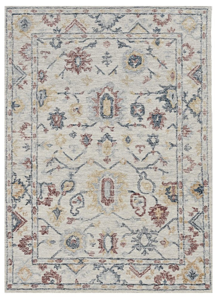 5' X 7' Ivory Gray And Red Wool Medallion Hand Tufted Distressed Area Rug
