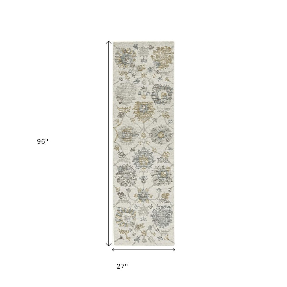 8' X 11' Ivory Gray And Green Wool Floral Hand Tufted Area Rug