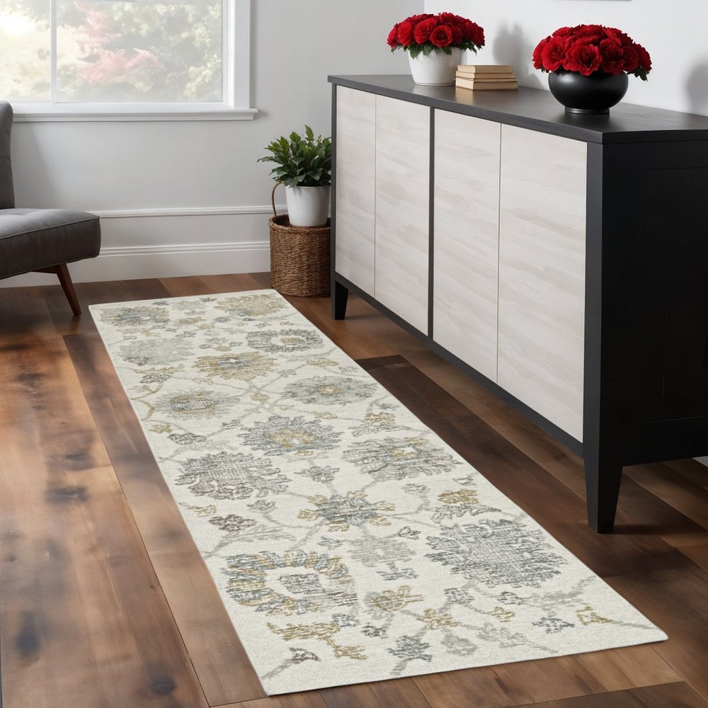 8' X 11' Ivory Gray And Green Wool Floral Hand Tufted Area Rug
