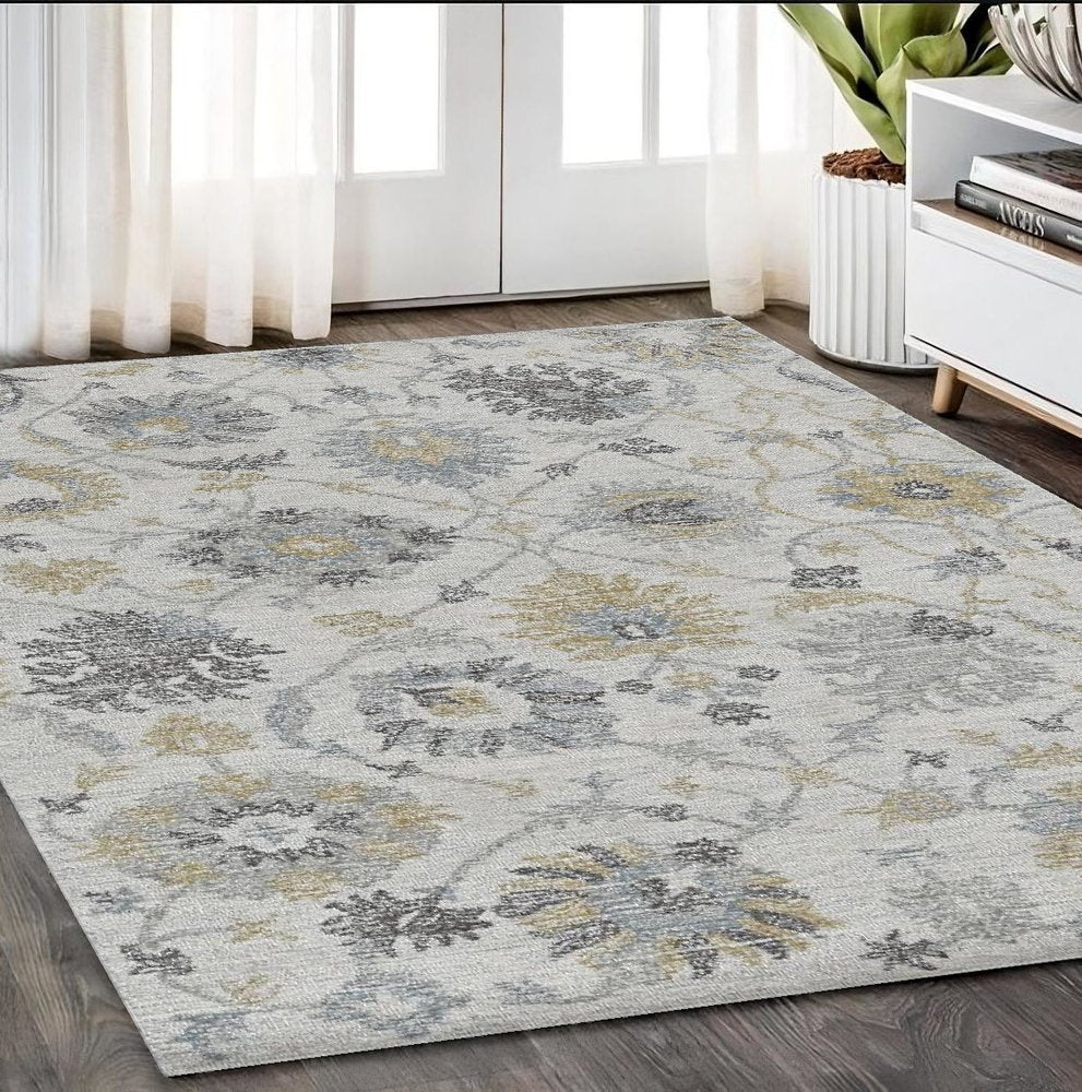 8' X 11' Ivory Gray And Green Wool Floral Hand Tufted Area Rug