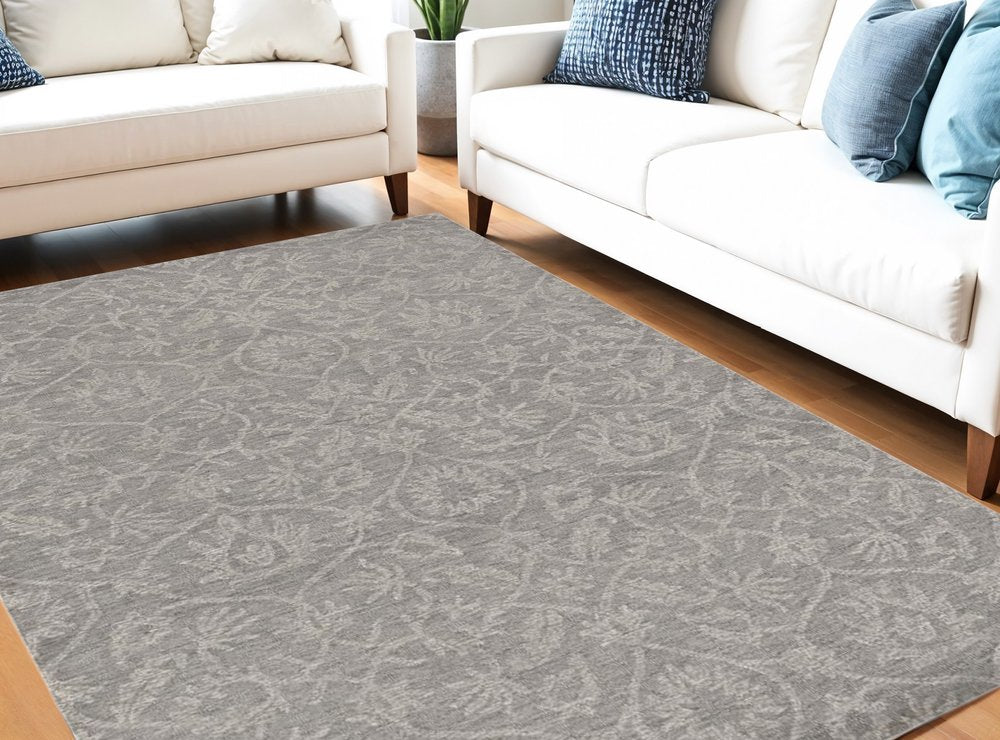5' X 7' Gray And Light Gray Wool Floral Medallion Hand Tufted Area Rug