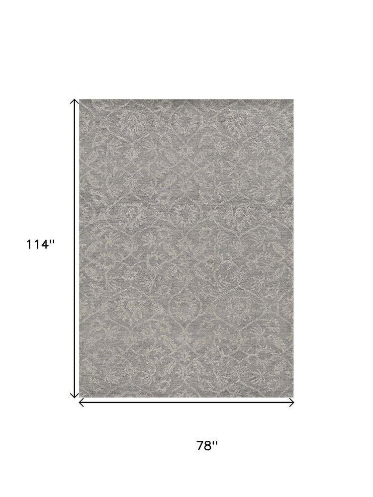 5' X 7' Gray And Light Gray Wool Floral Medallion Hand Tufted Area Rug