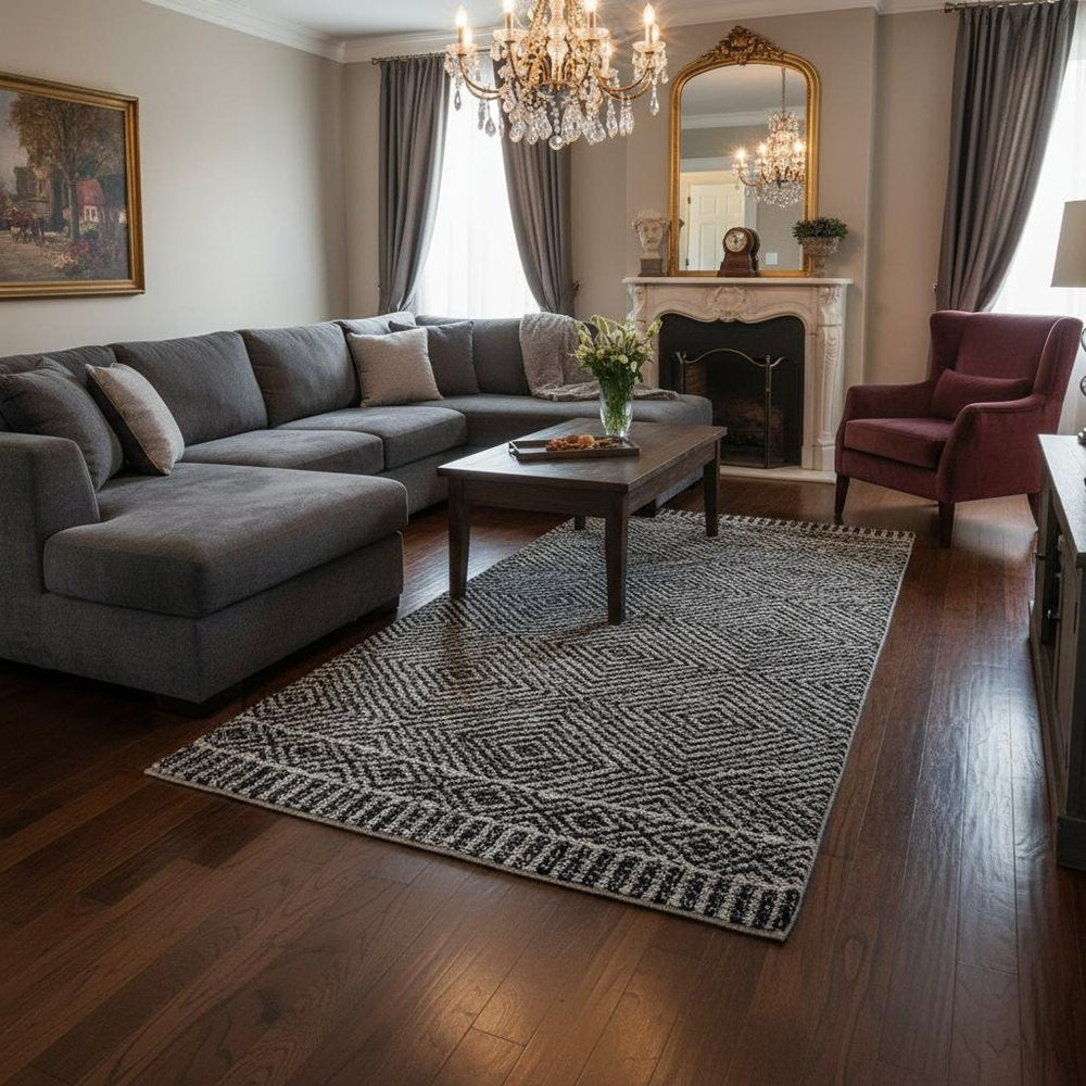 7' X 10' Gray and Black Wool Geometric Hand Tufted Area Rug