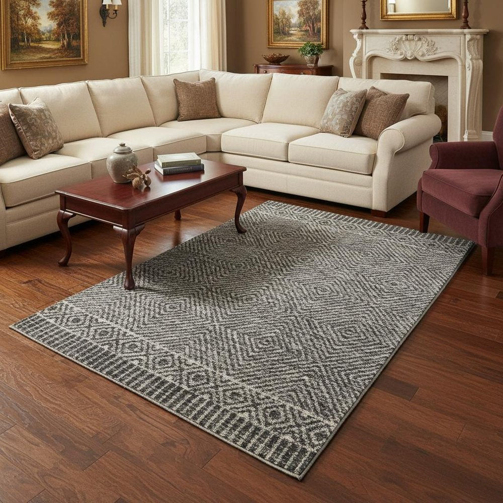 7' X 10' Gray and Black Wool Geometric Hand Tufted Area Rug