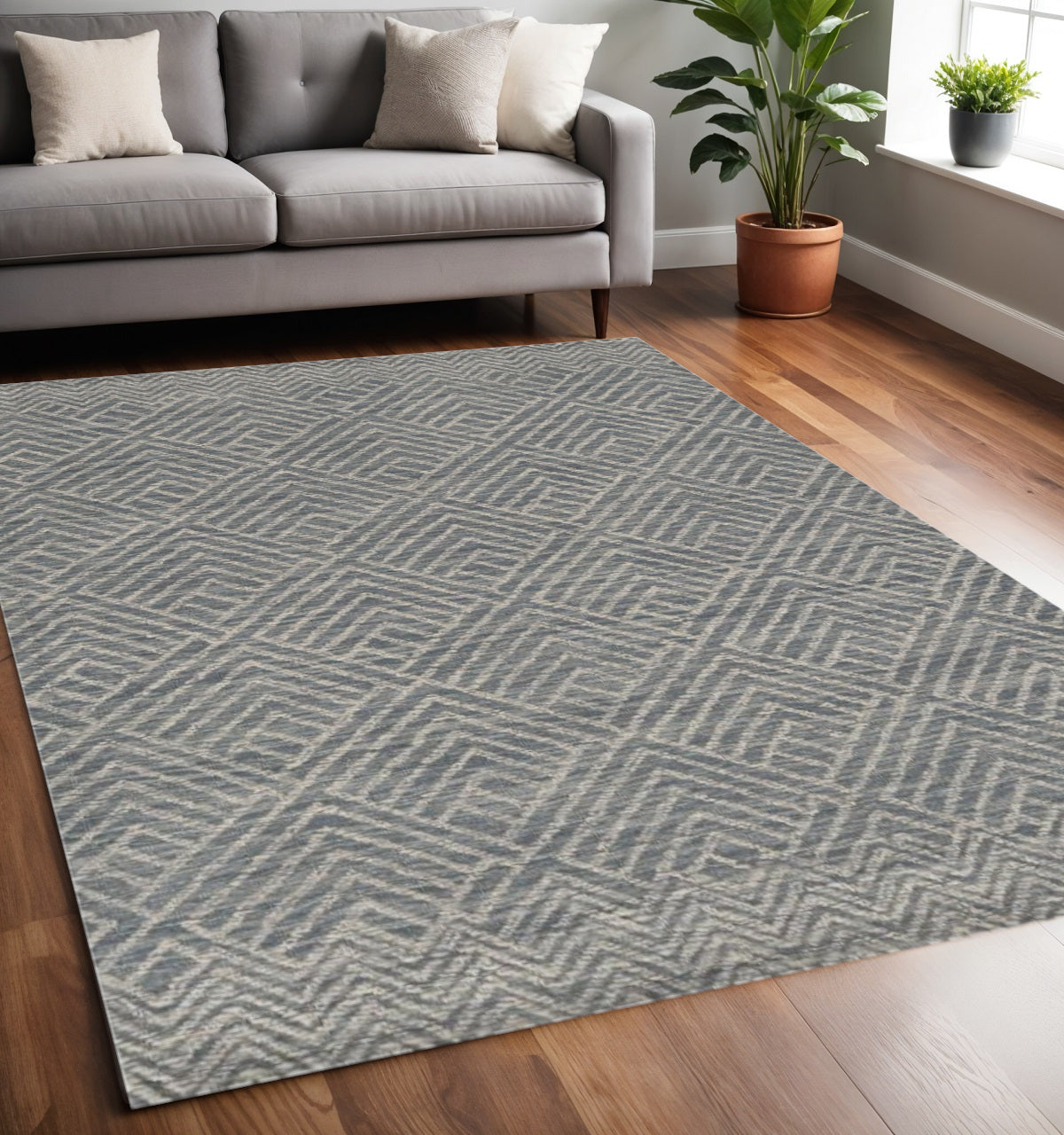 5' X 7' Denim Blue And Gray Wool Geometric Hand Tufted Area Rug