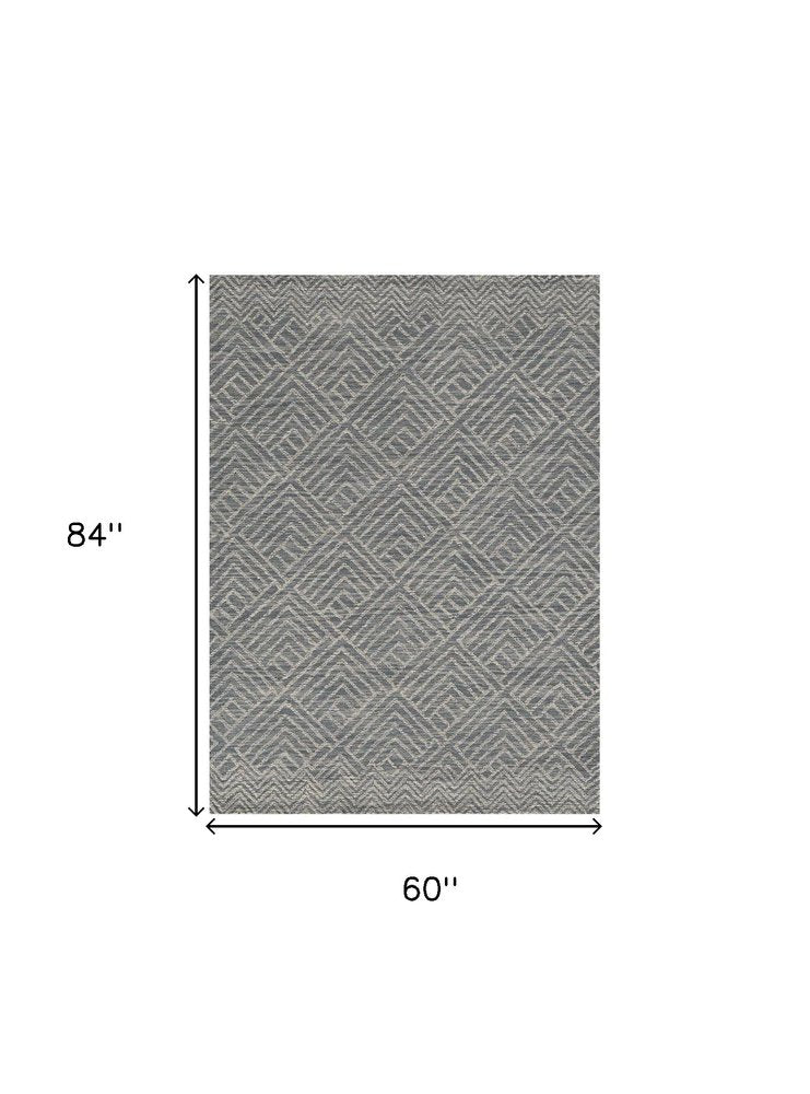 5' X 7' Denim Blue And Gray Wool Geometric Hand Tufted Area Rug