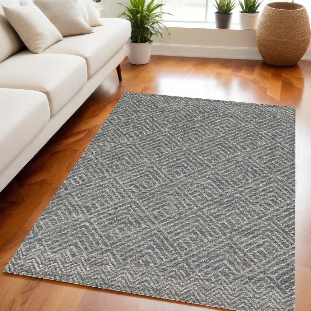 5' X 7' Denim Blue And Gray Wool Geometric Hand Tufted Area Rug