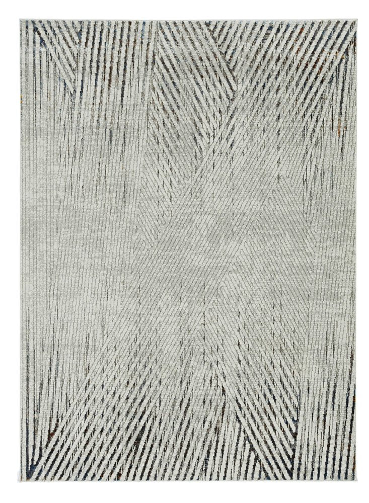 7' Ivory Grey Machine Woven Geometric Lines Indoor Runner Rug