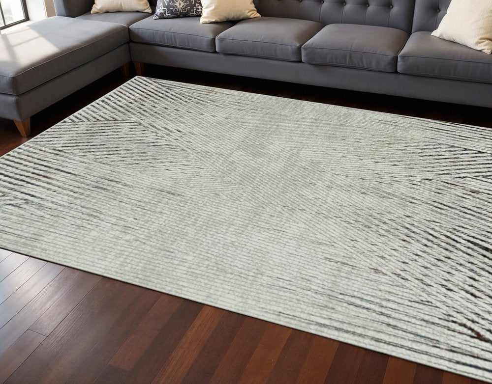 7' Ivory Grey Machine Woven Geometric Lines Indoor Runner Rug