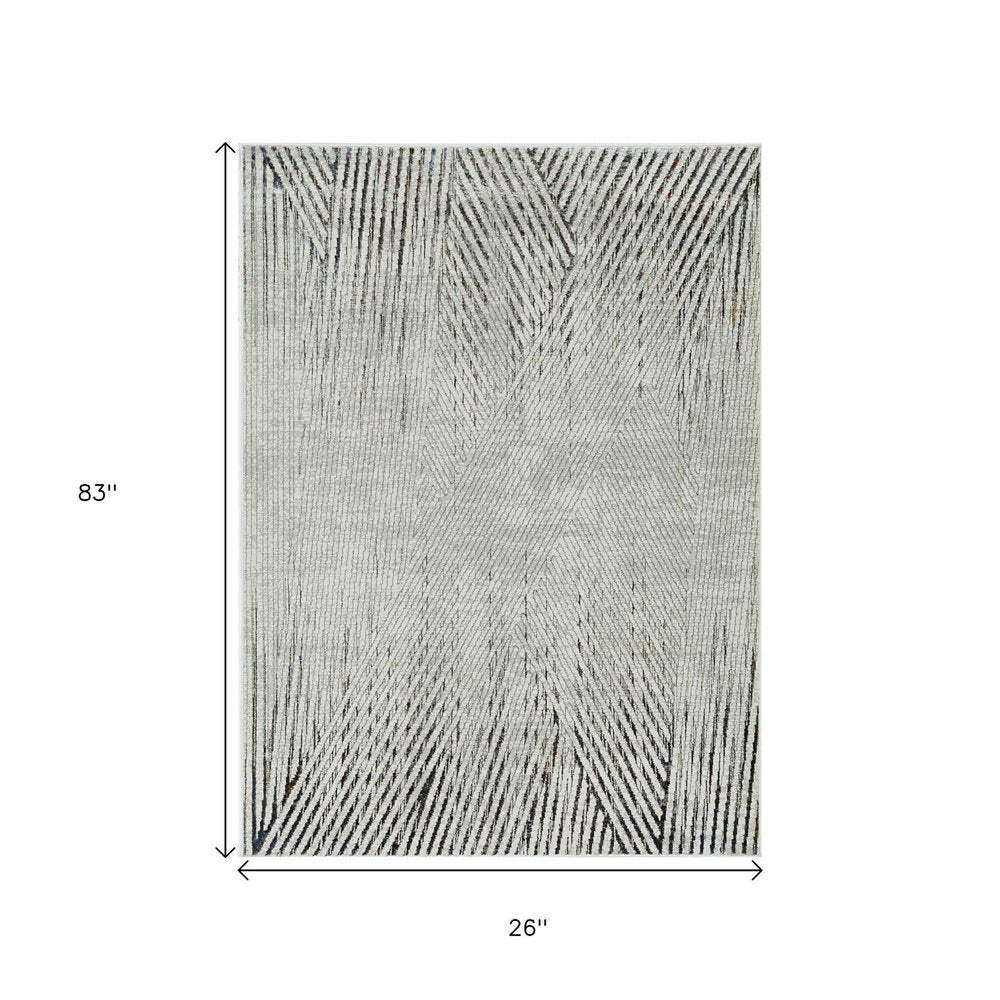 7' Ivory Grey Machine Woven Geometric Lines Indoor Runner Rug