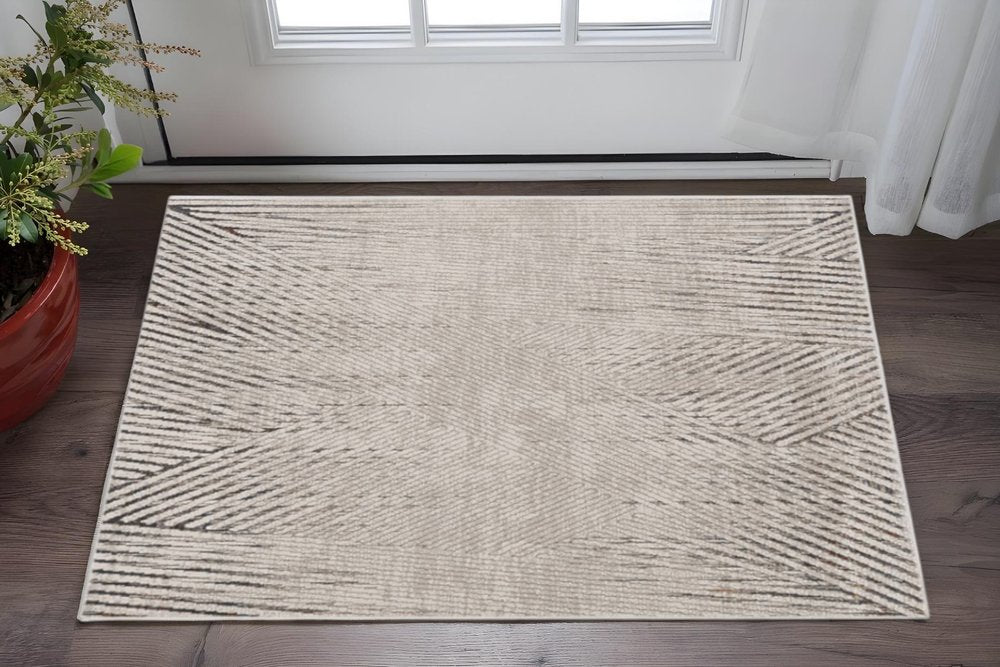 7' Ivory Grey Machine Woven Geometric Lines Indoor Runner Rug