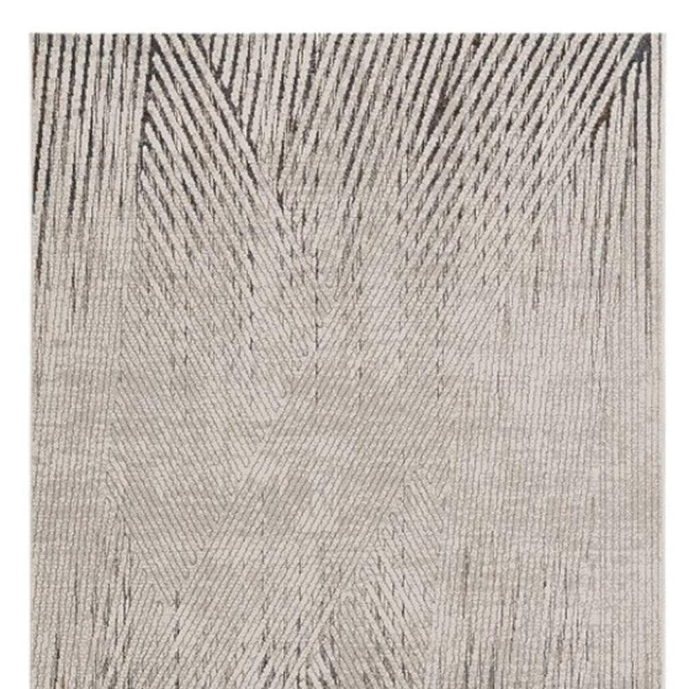 7' Ivory Grey Machine Woven Geometric Lines Indoor Runner Rug
