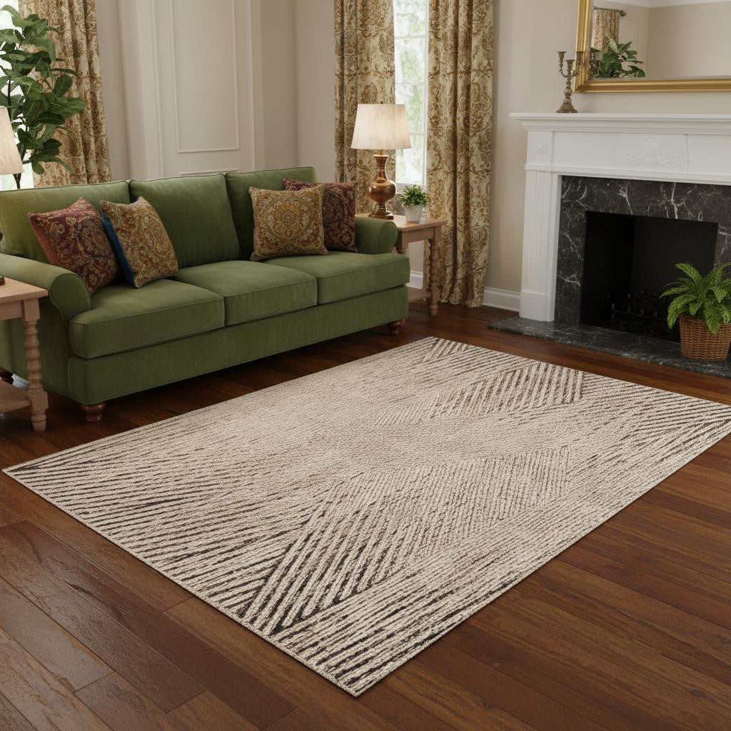 7' Ivory Grey Machine Woven Geometric Lines Indoor Runner Rug