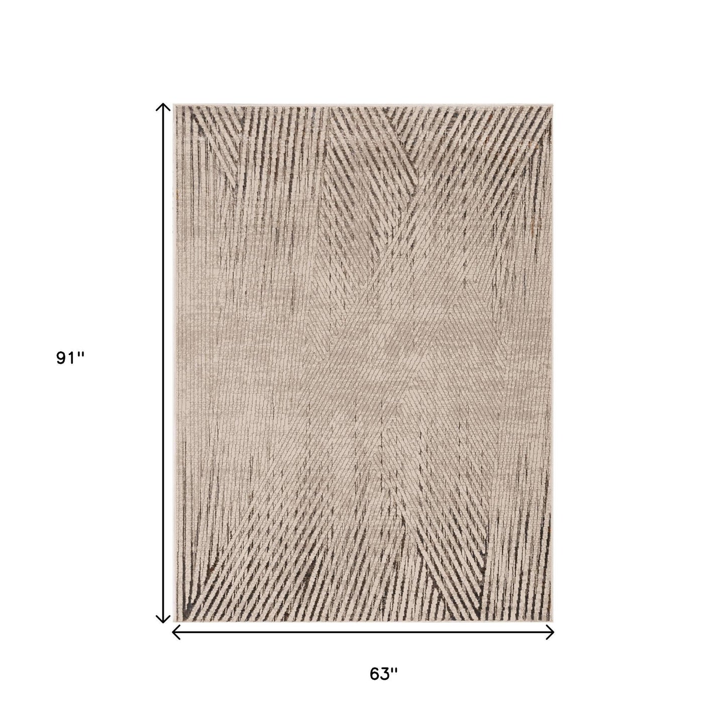 7' Ivory Grey Machine Woven Geometric Lines Indoor Runner Rug