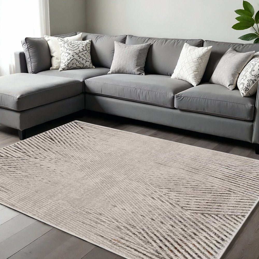 7' Ivory Grey Machine Woven Geometric Lines Indoor Runner Rug