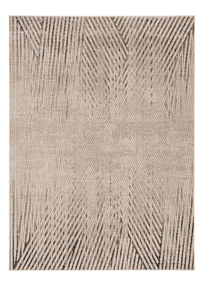 7' Ivory Grey Machine Woven Geometric Lines Indoor Runner Rug