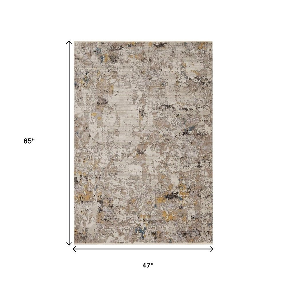 5' X 8' Gray Black And Gold Abstract Distressed Area Rug